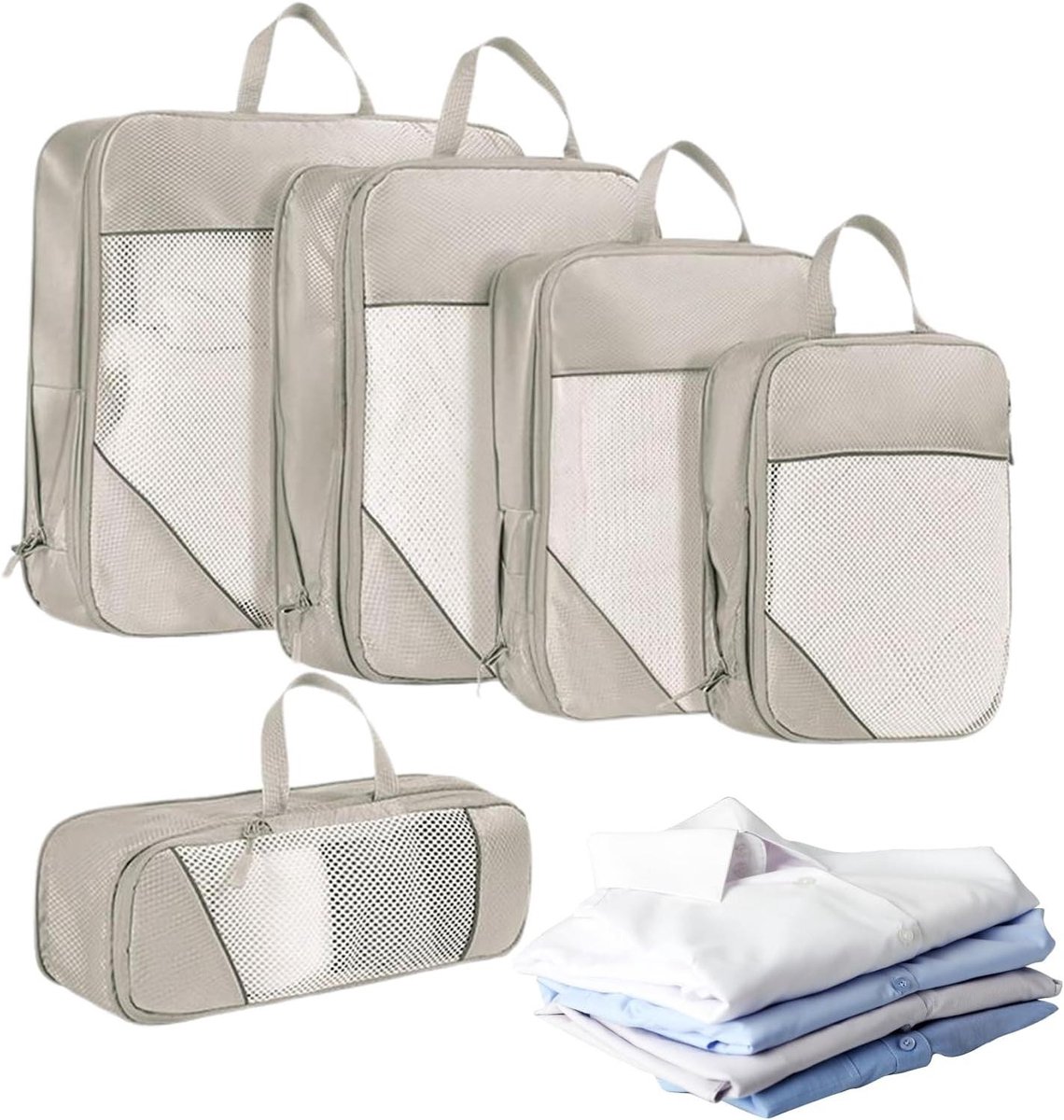Compressiezakken Bagage - Ruimtebesparende Zakken - Reizen Organiseren - Waterdichte Binnenlaag - 5 Stuks - Beige