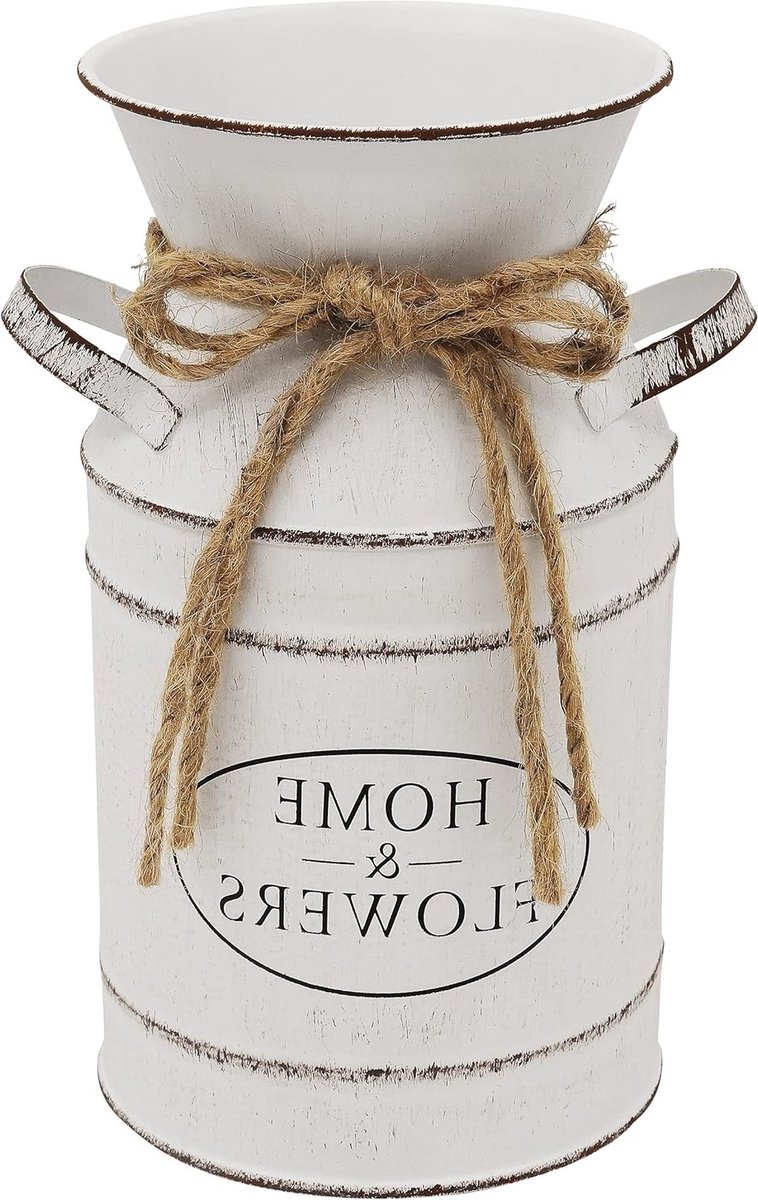 Vintage metalen bloemenvaas met handvat, decoratieve emmer voor bloemen, shabby chic en rustieke farmhouse stijl