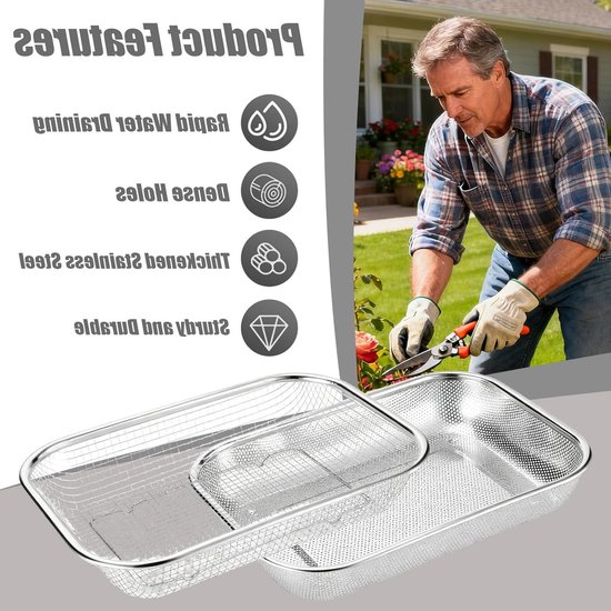 Set van 2 Tuinzeven met Grove Gaas en Geperforeerde Vierkante Mand voor Grond en Steen, Perfect voor Zeven en Filtreren van Tuinaarde — afbeelding 4