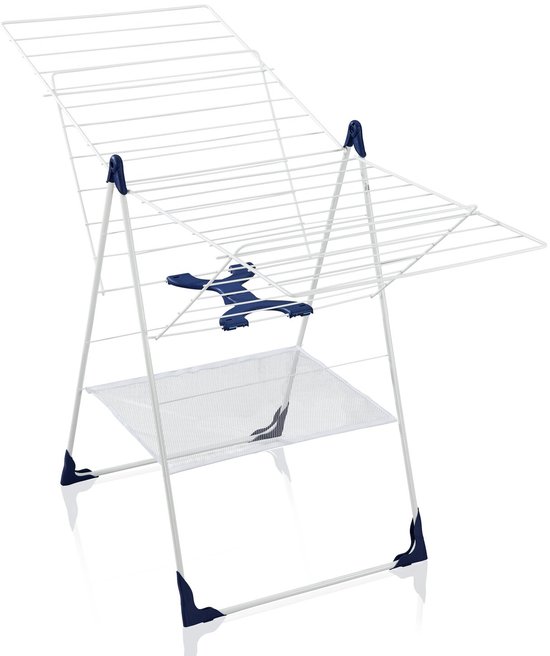 Wit wasrek met blauwe details, uitgeklapt, met een net voor delicate was.