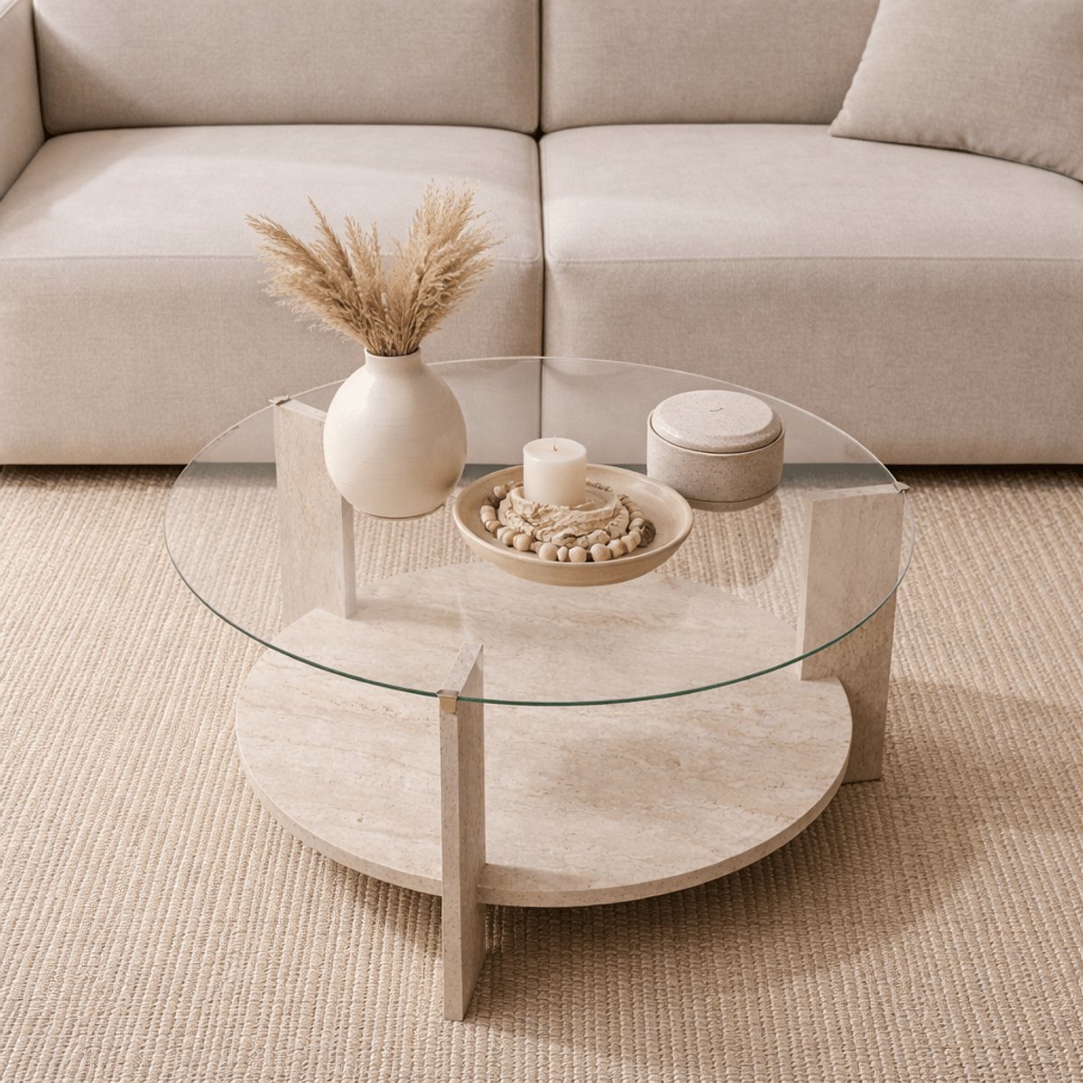 Dimehouse Ronde salontafel travertin melamine transparant glas Ø75 cm - Cairo - 75 x 75 x 40 cm - Hout - Japandi - Ovaal