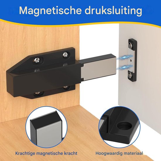 Zwarte magnetische druksluiting voor kastdeuren, krachtige magnetische kracht, hoogwaardig materiaal.