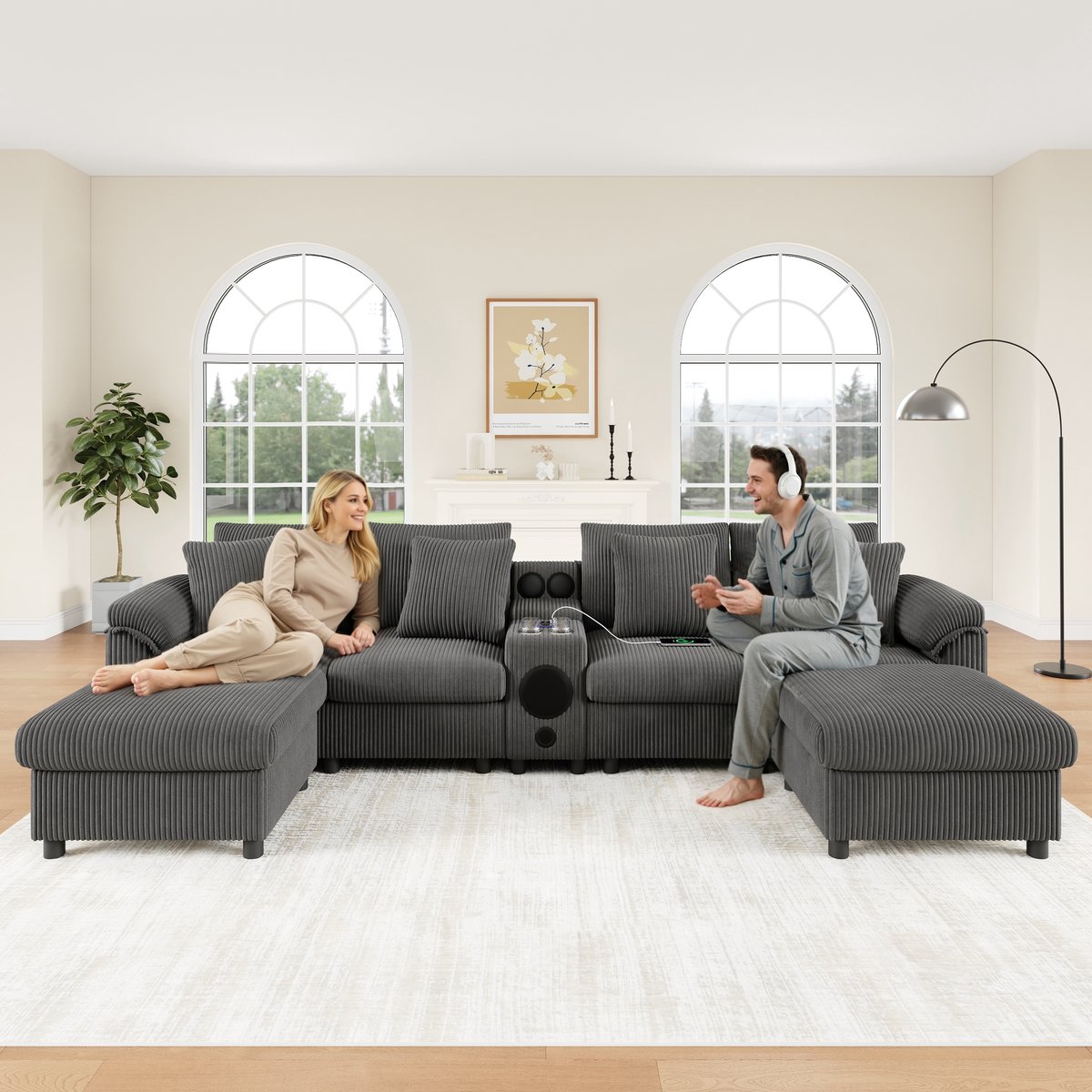 U-vormige en L-vormige bank - met bluetooth en console - met opbergruimte - draadloos opladen - USB-poort - bekerhouder en kussens - grijs