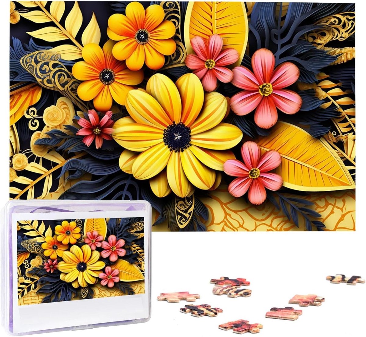 Houten Puzzel - Legpuzzel Aangepaste Foto - Ontspanning Thuis - Geprint op Hout - 1000 Stukjes - Bloemen Etnisch Patroon