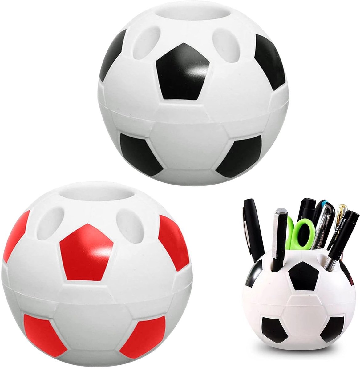 aladdien - Voetbalpennenhouder - 2 stuks - Creatieve voetbalstijl - Zwart en Rood - Desk decoratie - Perfect voor voetbalfans - Praktisch en stijlvol