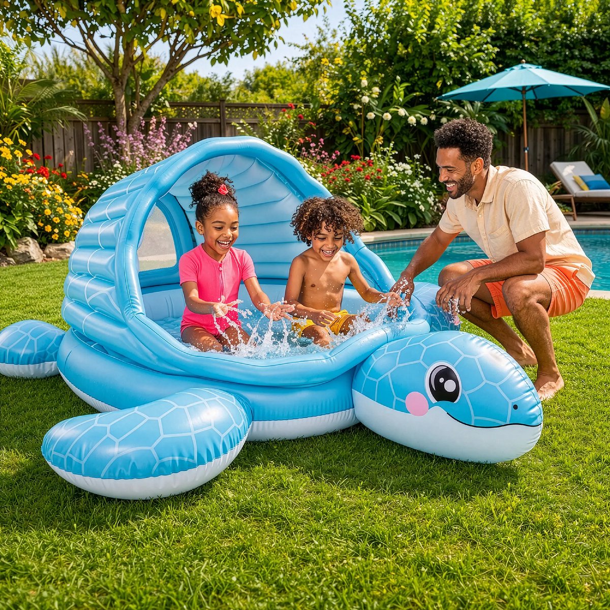 Intex Opblaasbaar kinderzwembad schildpad 2 in 1 met dak, zachte bodem en ballen voor waterpret buiten, 218 x 206 x 97 cm — afbeelding 5