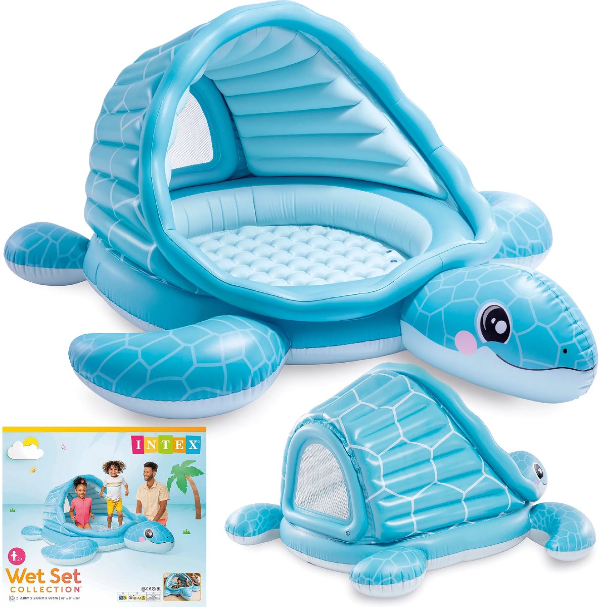 Intex Opblaasbaar kinderzwembad schildpad 2 in 1 dak, zachte bodem ballen waterpret buiten, 218 x 206 x 97 cm
