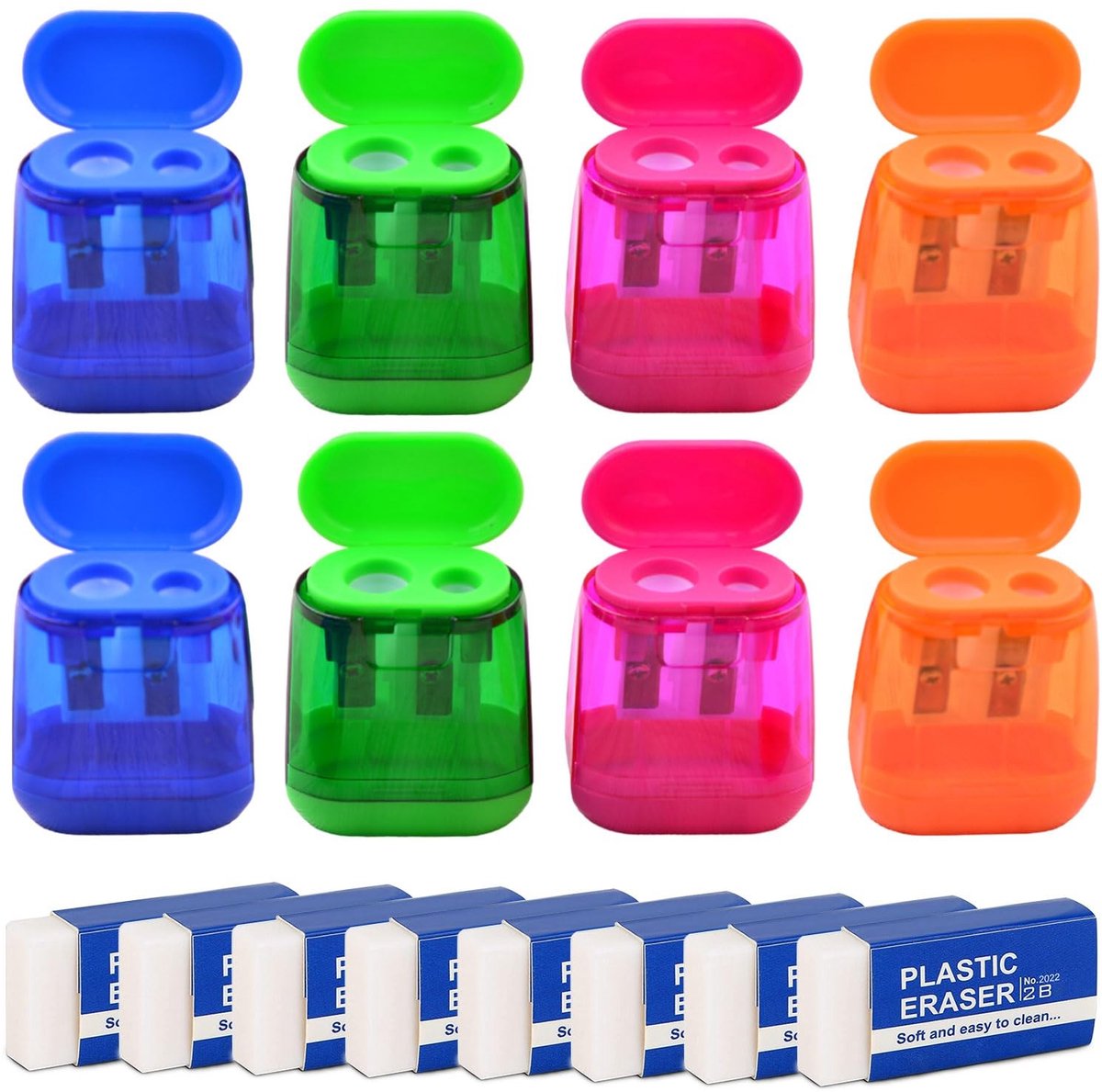 aladdien - Puntenslijpers - Dubbele gaten - Handig voor school - Kleurrijke set - Inclusief gummen - Perfect voor kinderen en volwassenen