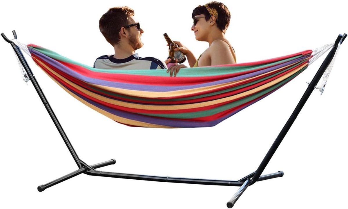 Dubbele Hangmat - Twee Persoons Hangmat - Ontspannen in de tuin - Met 255cm metalen standaard - 220 kg draagkracht
