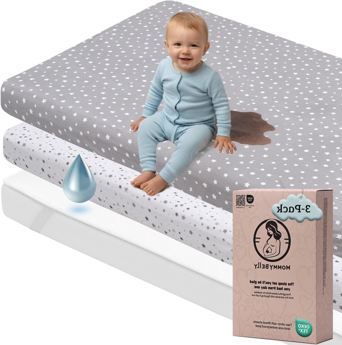 Wieg Hoeslaken Set - Babybeddengoed Kinderledikant lakens - Babykamer Inrichten - 2 Hoeslakens + Matrasbeschermer - 35x75 cm - Sterren