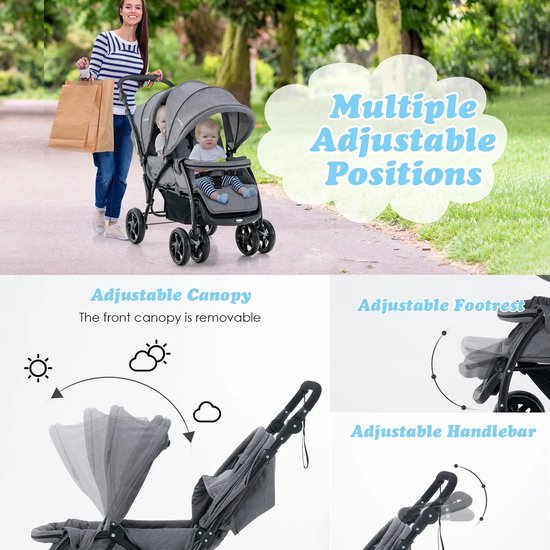 Solayne Kinderwagen - Buggy - Wandelwagen - Duo Buggy - Duo kinderwagen - Tweeling kinderwagen - Lichtgewicht - Inklapbaar - Grijs van Merkloos — afbeelding 4