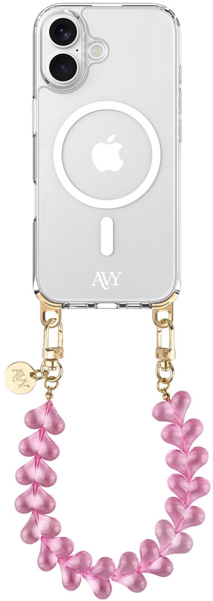 AVY Hoesje geschikt voor Apple iPhone 17 | Compatibel met MagSafe | Clear Case met Telefoonkoord 30CM | Polsband Cupid Clear Pink