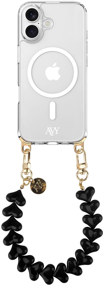 AVY Hoesje geschikt voor Apple iPhone 17 | Compatibel met MagSafe | Clear Case met Telefoonkoord 30CM | Polsband Cupid Black