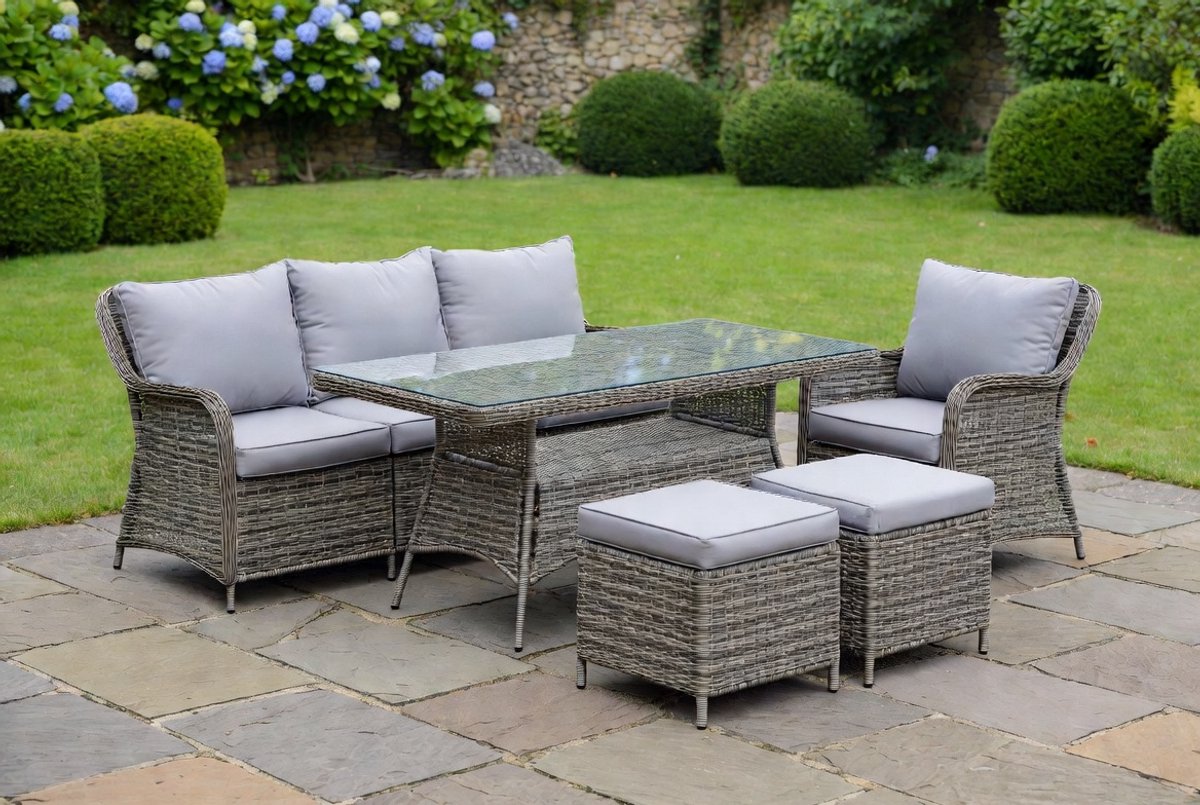 Denver Polyrotan Tuinset Lounge- en Eetgroep 7 Personen – Grijs – Weerbestendige Loungeset met Tafel, Stoelen, Bank, Krukken en Kussens Industrohome