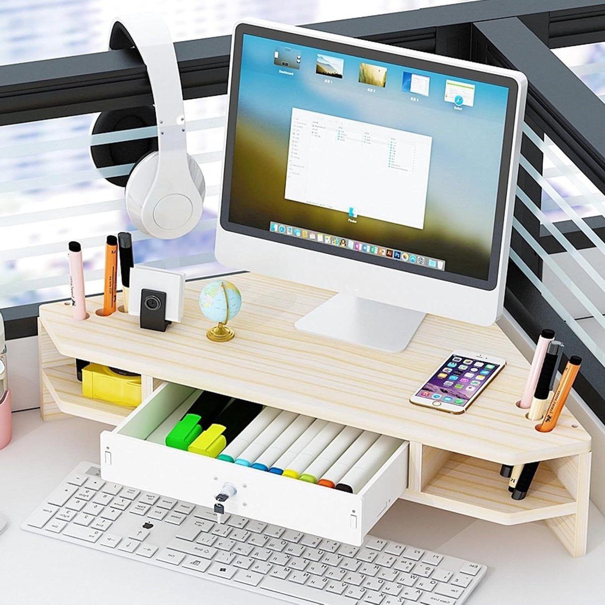 Hoekmonitorstandaard - Bureau organizer - Werkplek organiseren - Met lade - 55.6 cm - Lichtgeel