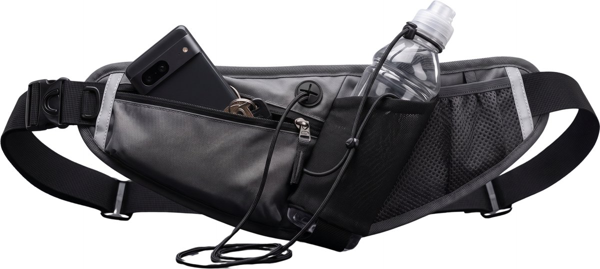 FitBoostR Premium Hardloopband met Bidonhouder - Heuptas & Schoudertas - Sporttas voor Telefoon en Sleutels - Grijs