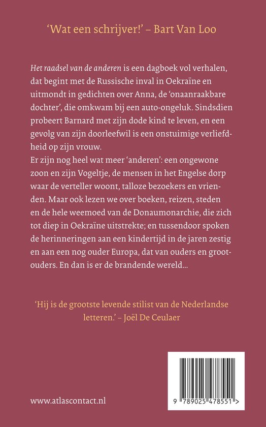 Boek kaft met titel 'Wat een schrijver!' - Bart Van Loo, tekst over een raadsel en de gevolgen van de Russische inval in Oekraïne.