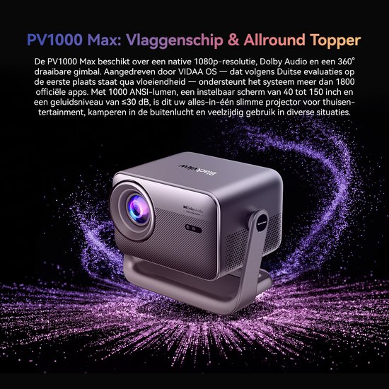 Blackview PV1000 Max Beamer - 18000 Lumens-1080P FHD-4K Decodering-Dolby Audio-VIDAA OS-360° Gimbal- Netflix YouTube Disney+- Thuiscinema Buiten-Spelmodus-TOF Autofocus