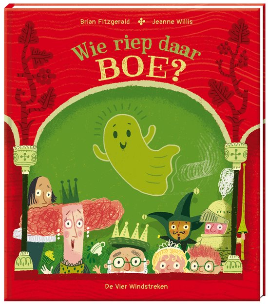 Boek "Wie riep daar BOE?" met een groene geest boven een groepje geschrokken personen en dieren.