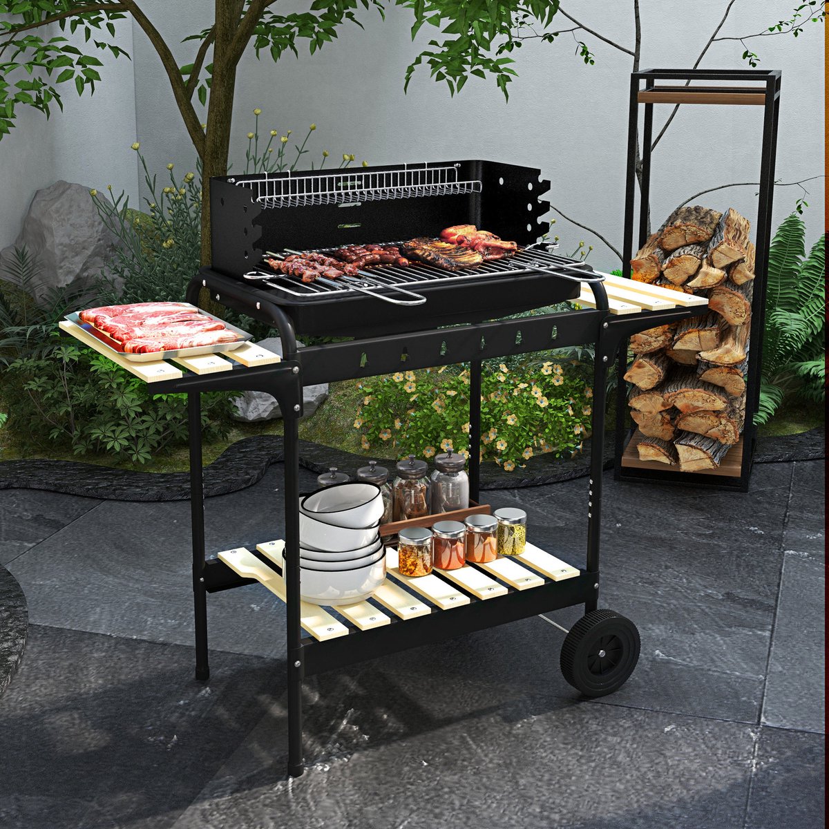 Houtskoolbarbecue van metaal BBQ-smoker met wielen, in hoogte verstelbaar grillrooster, houtrek 103x47x95 cm Zwart – foto 3