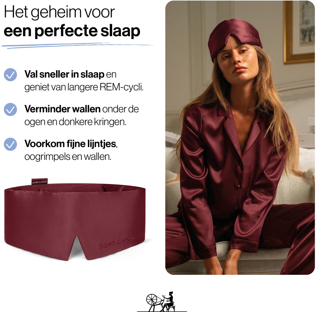Dore & Rose - Slaapmasker - Oogmasker - Zijden Slaapmasker Voor Mannen en Vrouwen - Deep Sleep Mask - Eye Mask - Verduisterend - Wallen - Rood - Nº 14 Royal Bordeaux — afbeelding 4