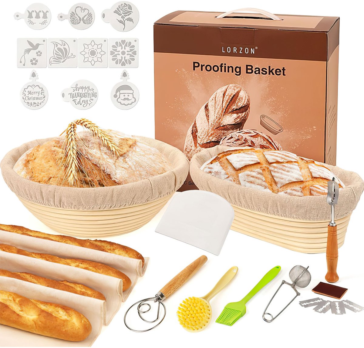 10-delige Brood Bakset – Rijsmand Set met Gistmanden, Keukenhulpmiddelen & Accessoires – Bakgereedschap voor Brood en Bakken