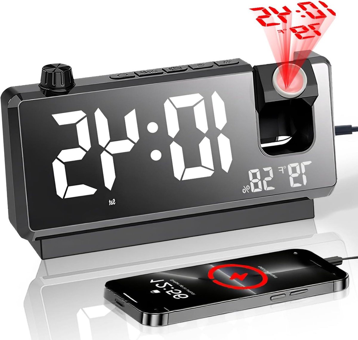Projectiewekker - Digitale klok Alarmklok - Tijd aflezen - 180° draaibare projector - Groot LED-display - Blauw met rode projectie