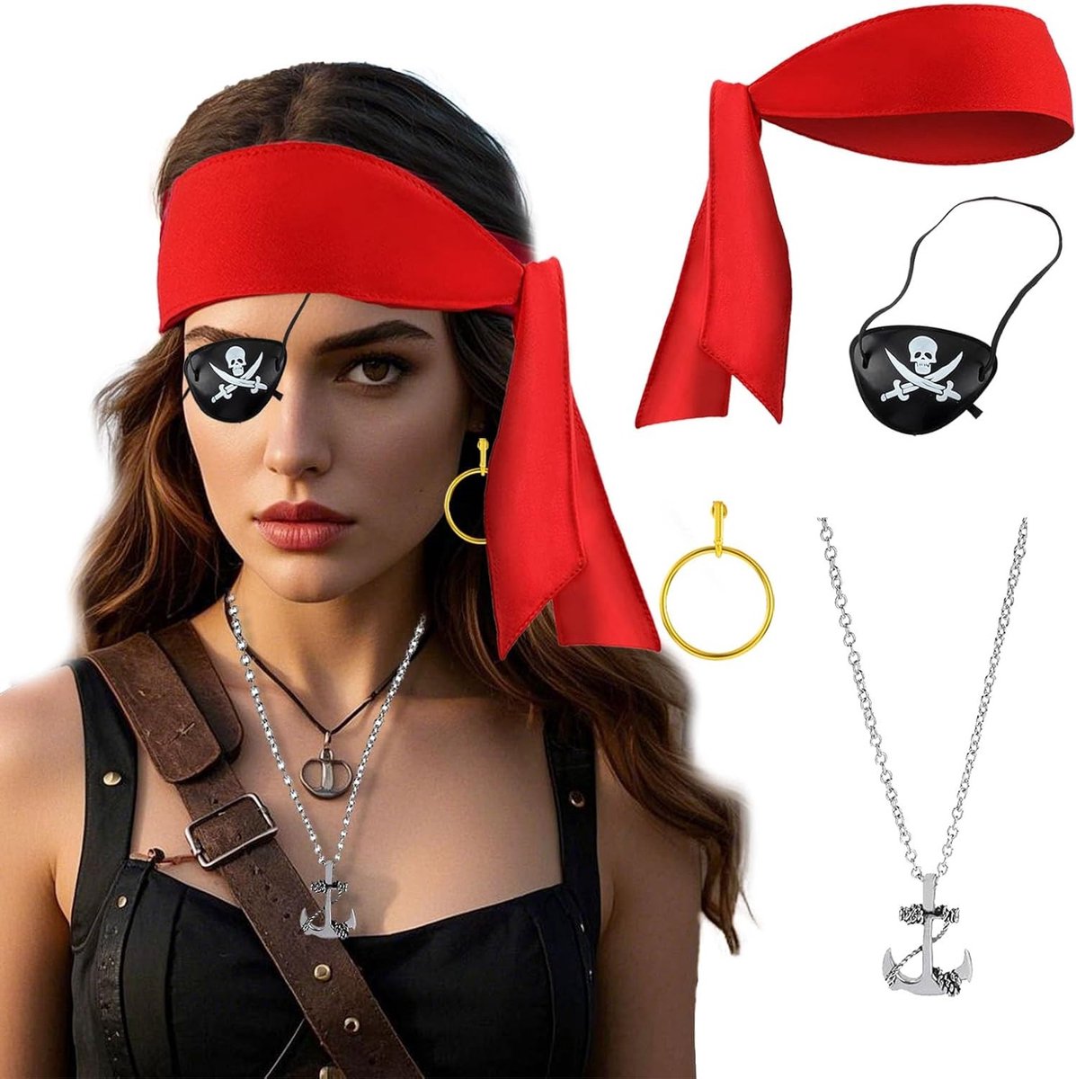 Piratenkostuum voor vrouwen met accessoires zoals hoofddoek, patch, ketting en oorbellen voor carnaval en cosplay - Rood, One Size