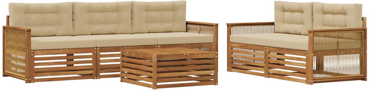 vidaXL Buiten - bank - set - 6 - st - 5-zits - Natuurlijk - en - Beige Natuurlijk en Beige