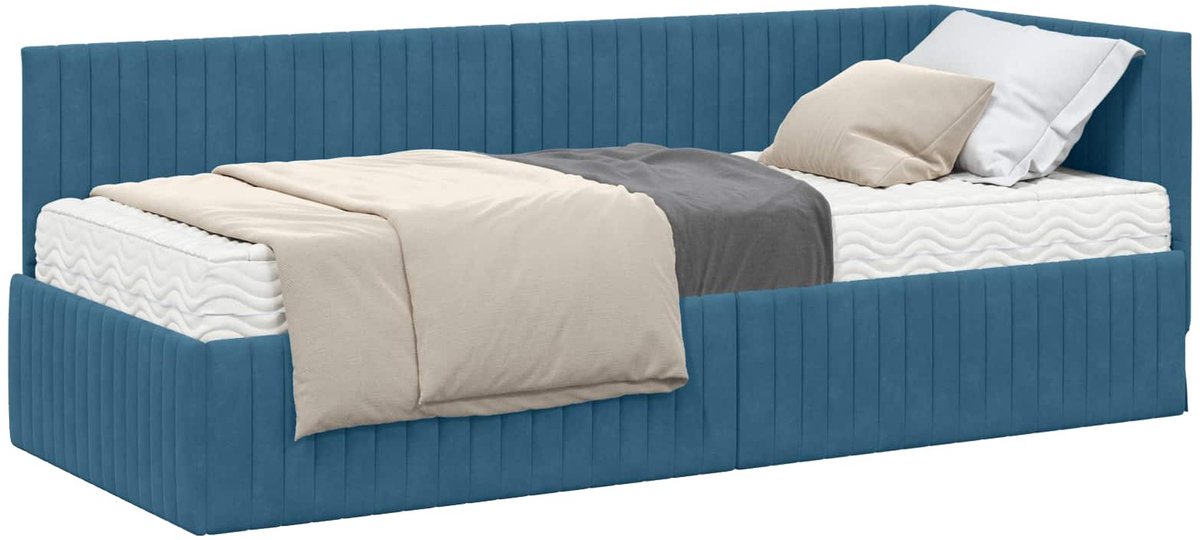 vidaXL Hoekbedframe - met - Matras - 2 - st - Blauw - 80 - x - 200 - cm - Fluweel