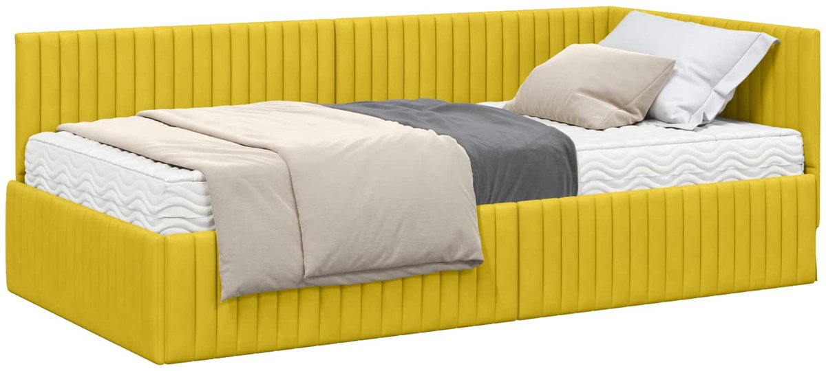 vidaXL Hoekbedframe - met - Matras - 2 - st - Geel - 100 - x - 200 - cm - Fluweel