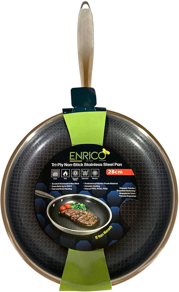 ENRICO - wokpan Ø28 - Roestvrij - Stalen Anti-Aanbakpan - PFAS en PTFE vrije wokpannen - Geschikt voor alle warmtebronnen, inclusief inductie - 28 cm