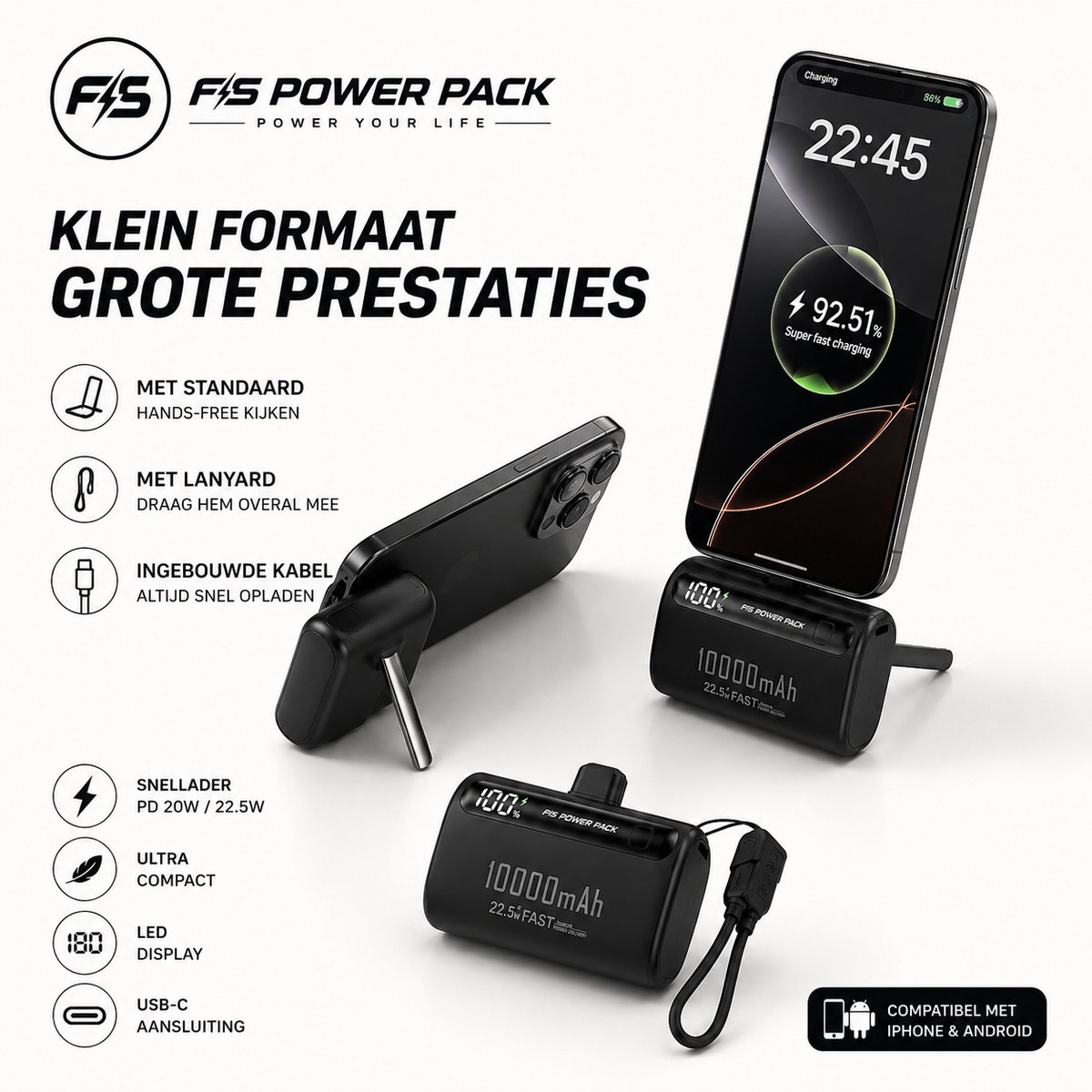 Nieuw! 10000mAh! Mini Power Bank USB-C FS Power Pack Mini Powerbank 10000mAh – Snellader PD 20W / 22.5W – Ultra Compact – Ingebouwde Kabel – LED Display – USB-C – Voor iPhone & Android – Draagbare Powerbank – Zwart / Wit