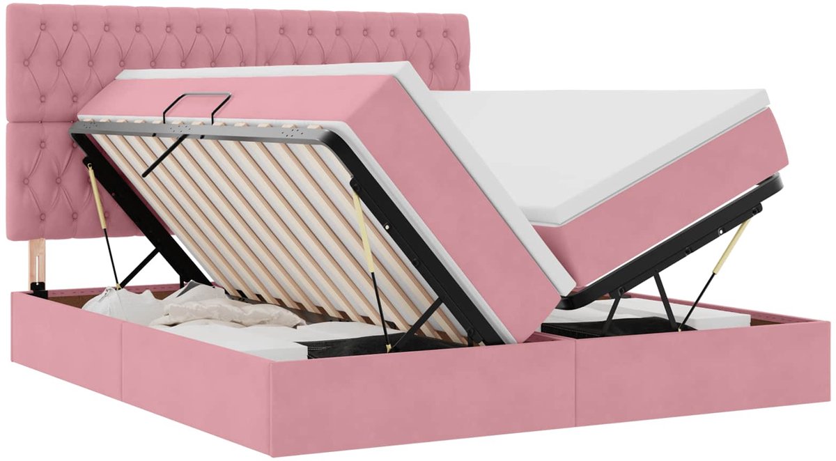 vidaXL LED - opbergbed - met - matras - Roze - 180 - x - 200 - cm - Fluweel