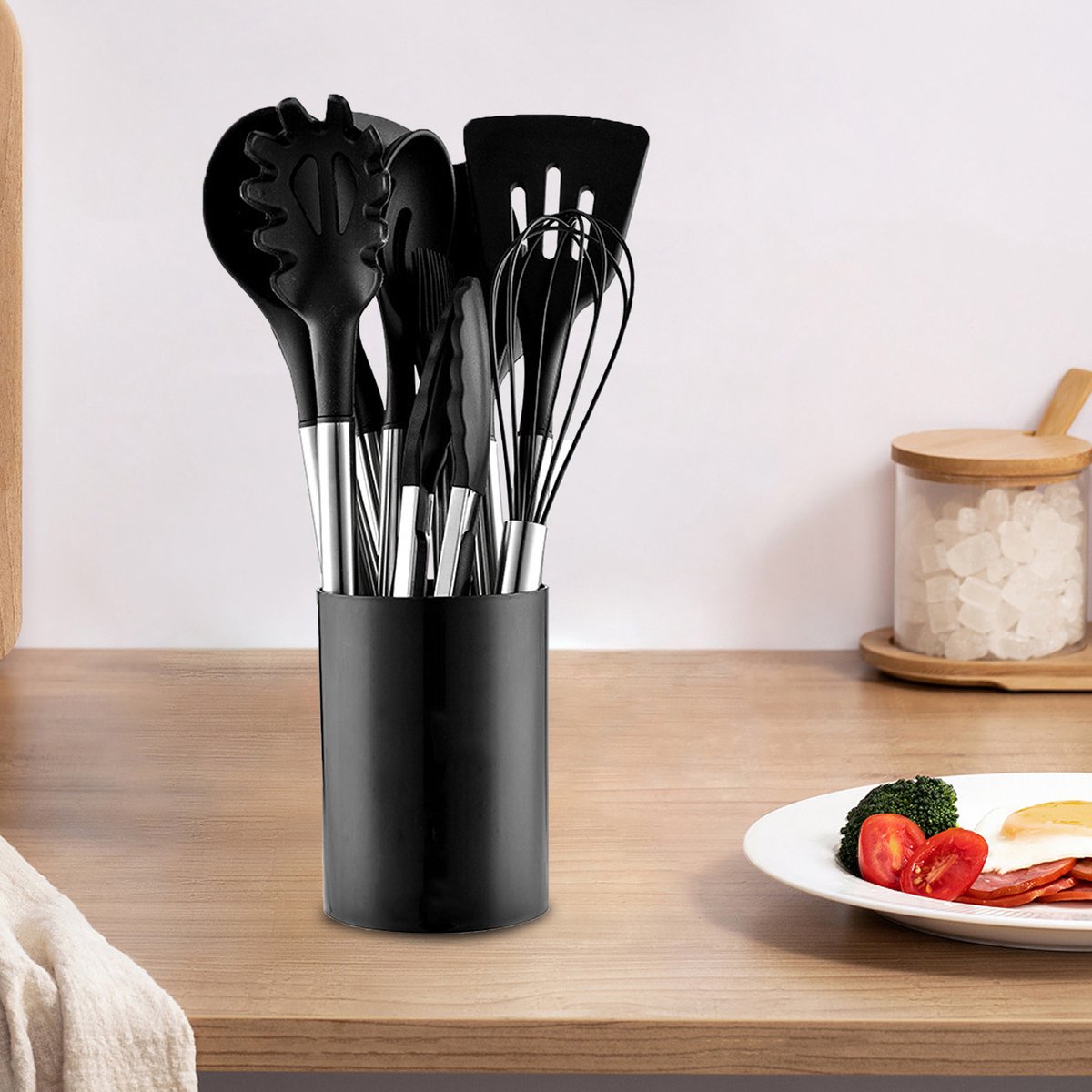 FloraGrace Keukengerei-Sets – 12-Delig Siliconen Kookgerei Set Met Keukenhulpen En Houder – BPA-Vrij, Hittebestendig 210°C, Siliconen + RVS – Zwart