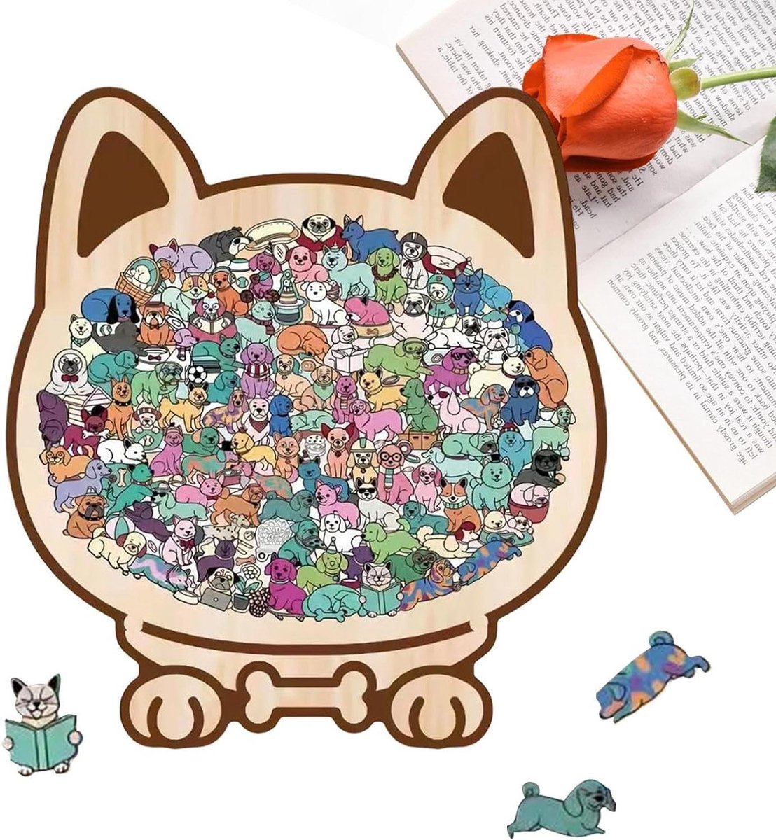 Houten Puzzel - Hond Puzzel - Ontspannend Tijdverdrijf - Unieke Stukjes - 115 Delen - Macaron Kleuren