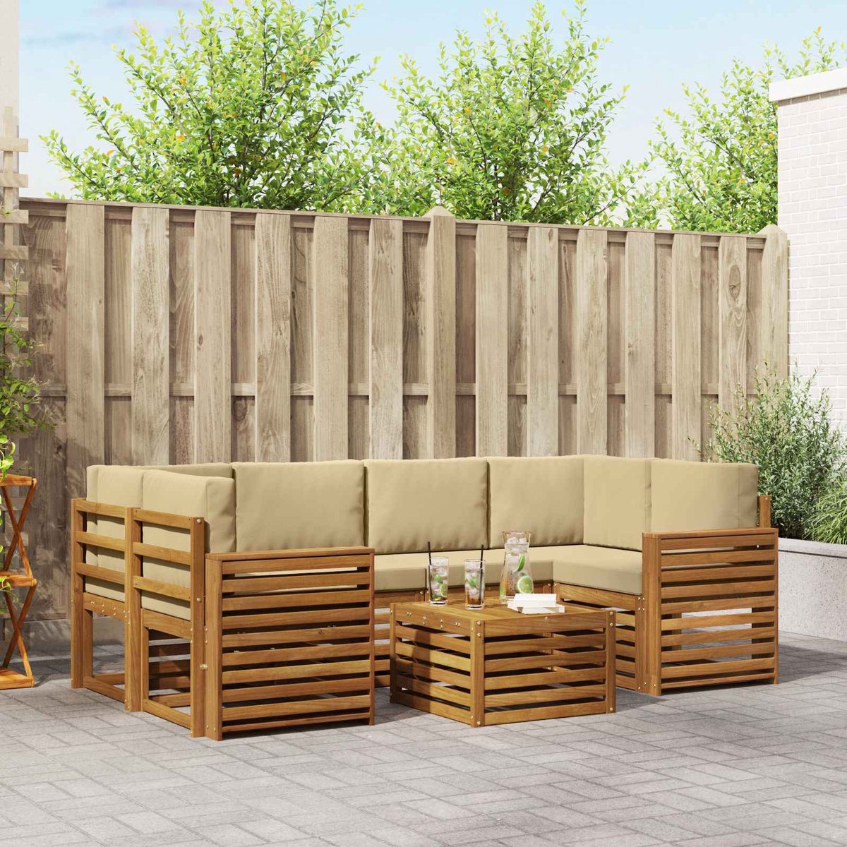 vidaXL Buiten - bank - set - 7 - st - Natuurlijk - en - Beige - Massief - Acacia - Hout Natuurlijk en Beige