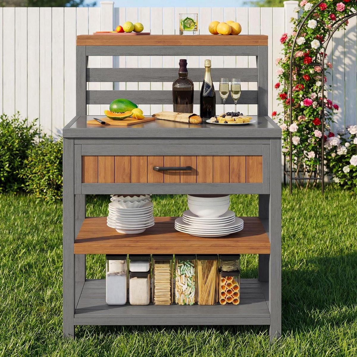 Tuinkast Hout - Buitenmeubel Dressoir - Tuinfeest Voorbereiden - Roestvrijstalen Werkblad - 80 x 725 x 123 cm - Natuurlijk