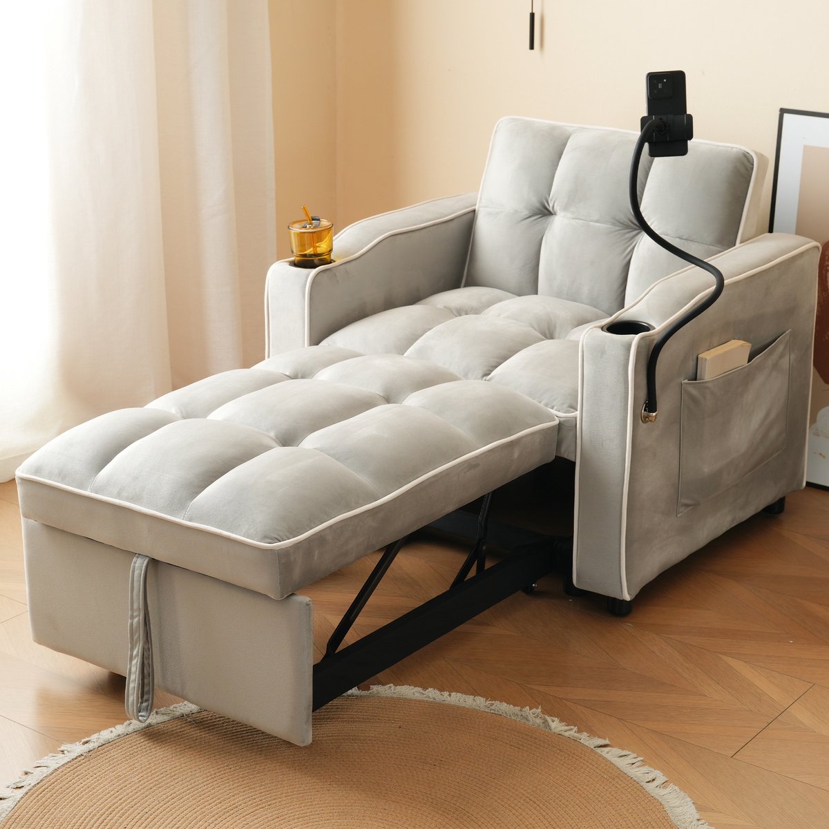 REDOM - Uitschuifbare Slaapstoel - 3-In-1 - Verstelbare Rugleuning - Met Bekerhouders En Telefoonhouder - Voor Kleine Ruimtes - Grijs - 83 x 167 x 76 cm