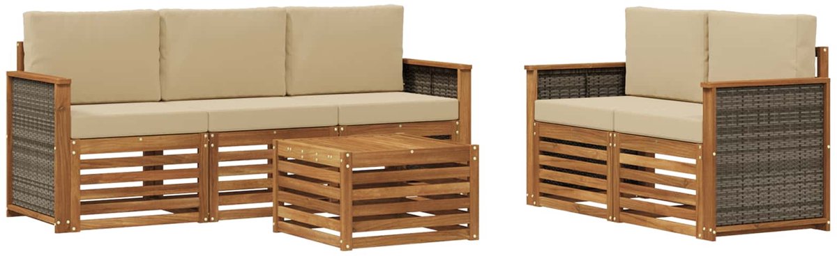 vidaXL Buiten - bank - set - 6 - st - 5-zits - Natuurlijk - en - Beige Natuurlijk en Beige