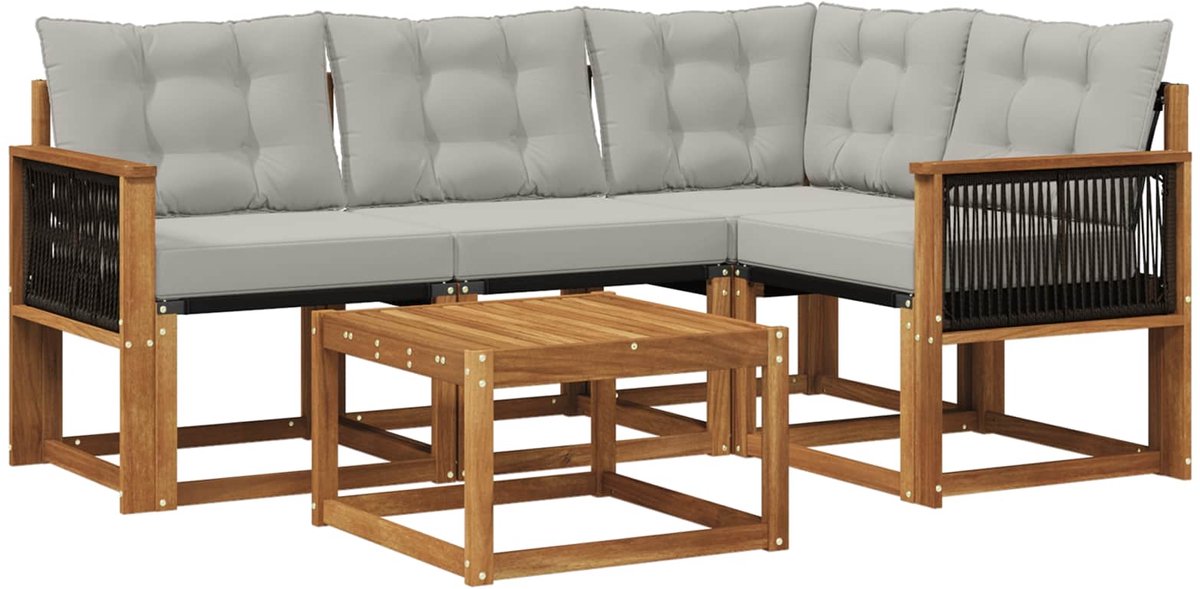 vidaXL - Buiten - bank - set - met - kussen - 5 - pcs - Naturel - en - lichtgrijs