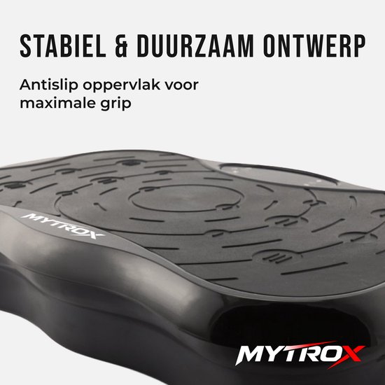 Detail van de zwarte Mytrox trilplaat met antislip oppervlak.