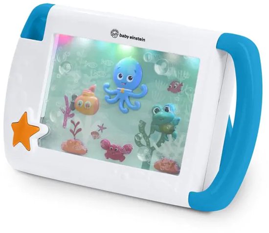 Wit aquarium-speelgoed met blauwe handvatten en een oranje ster. Bevat een blauwe octopus, kikker, krab, gele duikboot en roze zeewier.