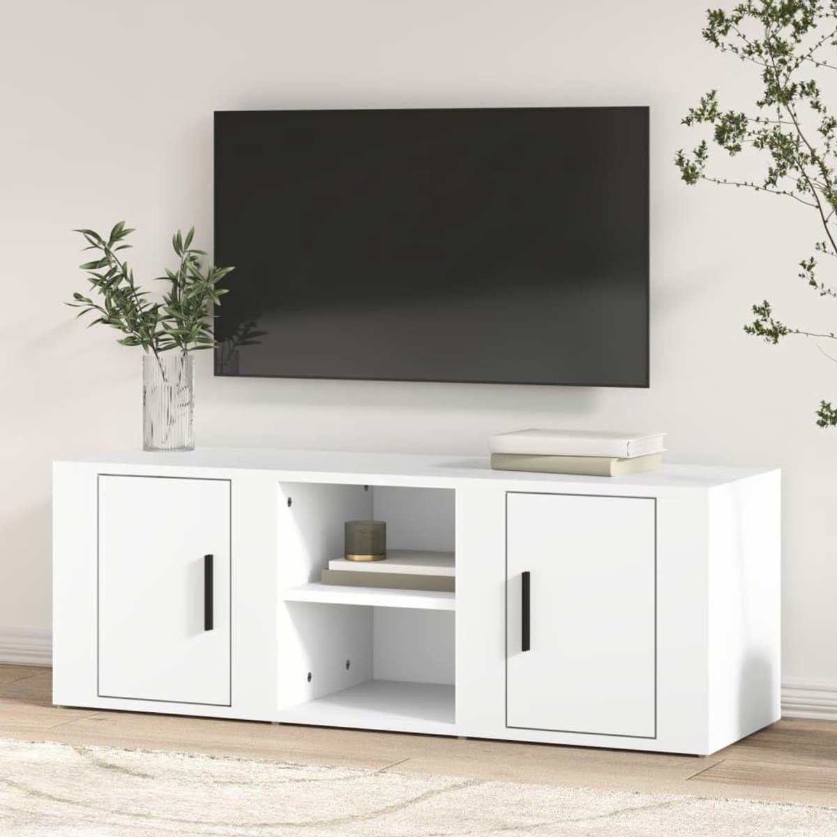 Tv-kast - Mediakast Dressoir - Woonkamer Organisatie - Vier Vakken - 100 x 31.5 x 35 cm - Wit