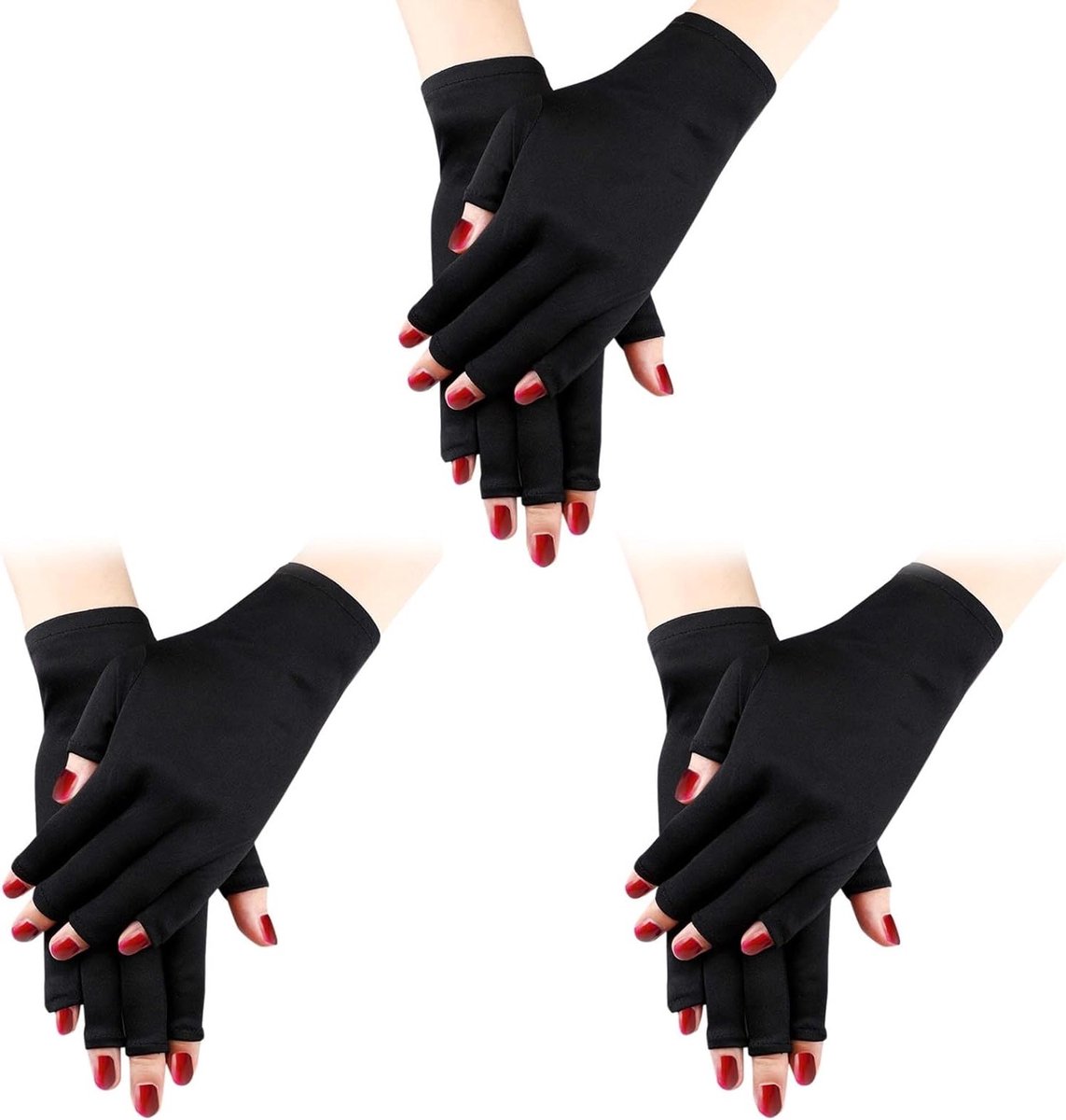 3 Paar UV Handschoenen voor Gel Manicure - Vingerloze Bescherming tegen UV-Licht, Zwart, One Size