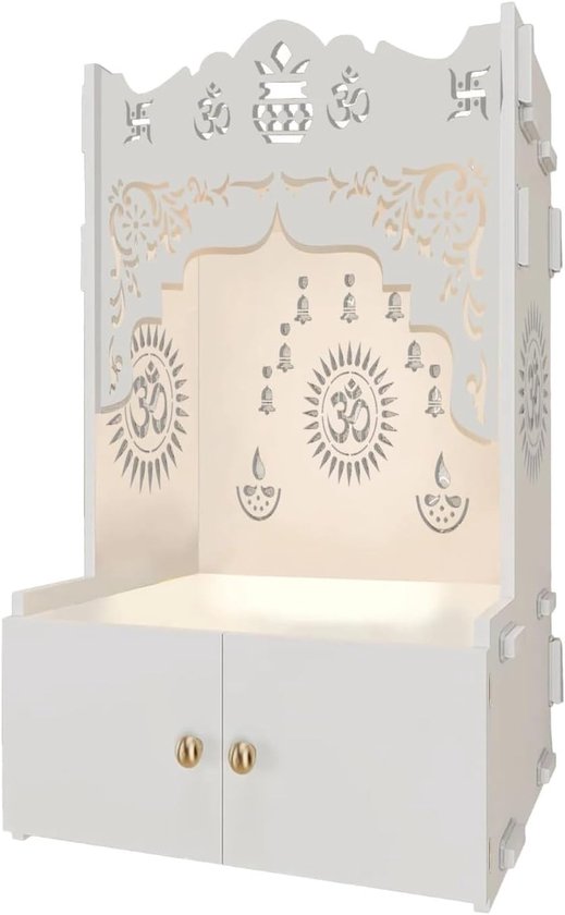 Houten tempel thuis - Pooja mandir - Gebedsruimte inrichten - Met focuslicht - 96.5 x 57.1 x 45.7 cm - Wit van houten — afbeelding 4