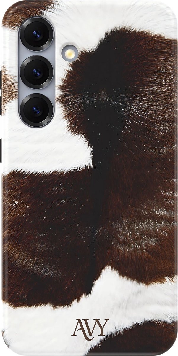 AVY Hoesje geschikt voor Samsung Galaxy S25 | Rodeo Muse | Koe | Bruin & Wit | Hard Shell Back Cover | Compatibel met MagSafe & Qi2