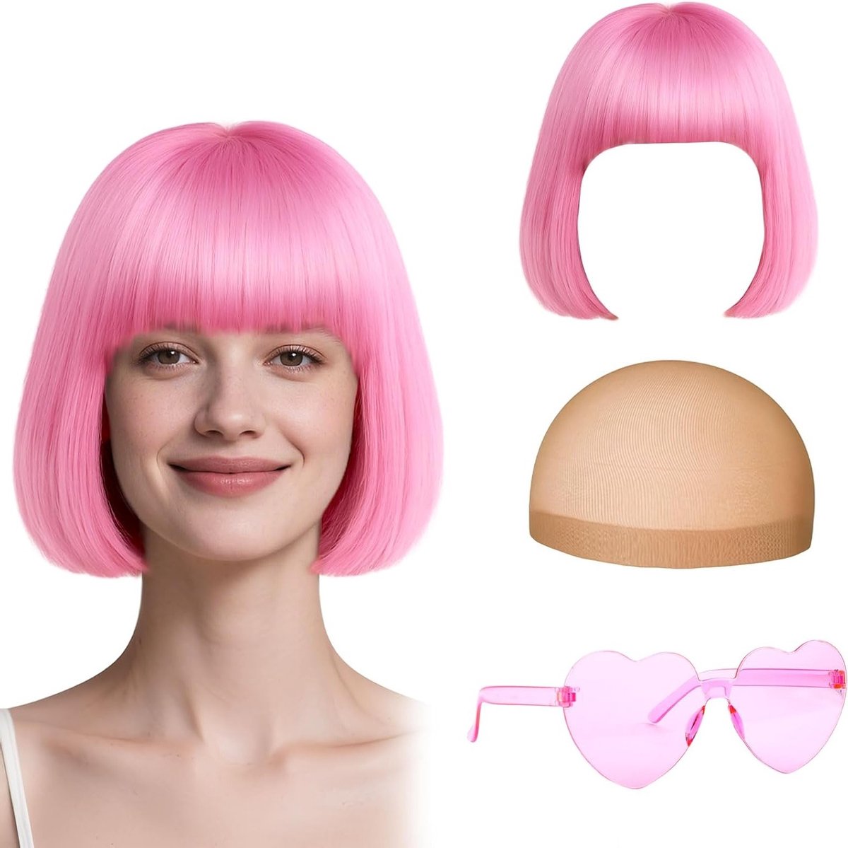 Kleurvolle Cosplay Peruk en Zonnebril Set voor Hens Parties, Halloween Kostuums en Neon Feestdecoraties (Roze)