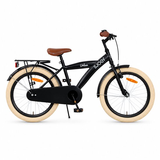 Vélo enfant SJOEF Urban noir avec selle marron, guidons marron, pneus crème et porte-bagages.