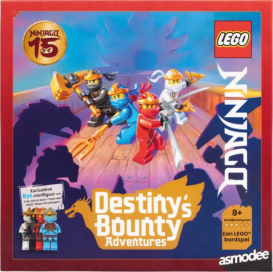 LEGO Ninjago Destiny's Bounty Adventures bordspel met vier ninja's op een schip. Exclusieve Nya-minifiguur.